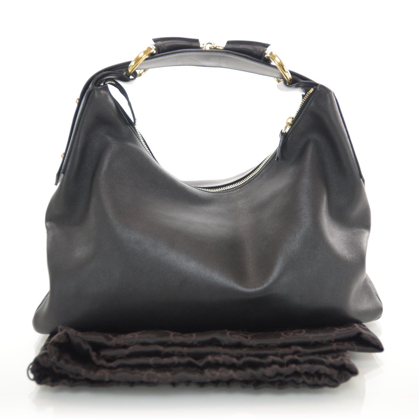 Leather Medium Horsebit Chain Hobo Black