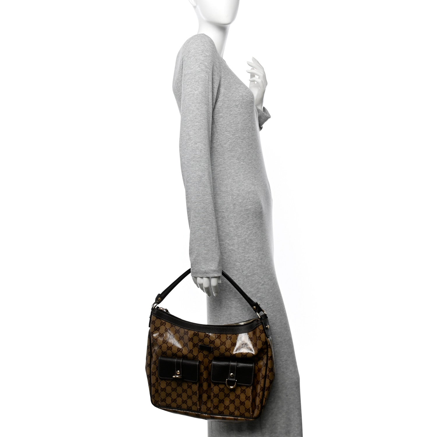 Gucci Crystal Monogram Medium Abbey Pocket Hobo Tote Dark Brown 2 of 10