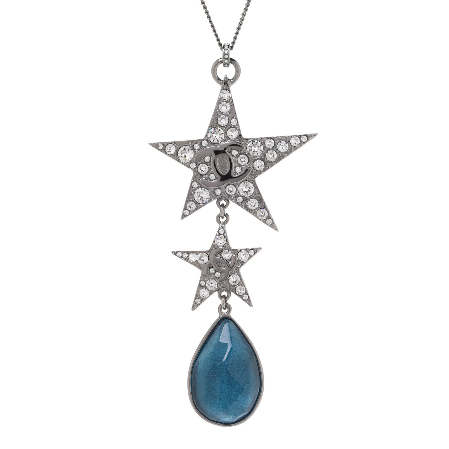 Chanel Crystal Resin CC Star Drop Necklace Silver Blue 4 of 6