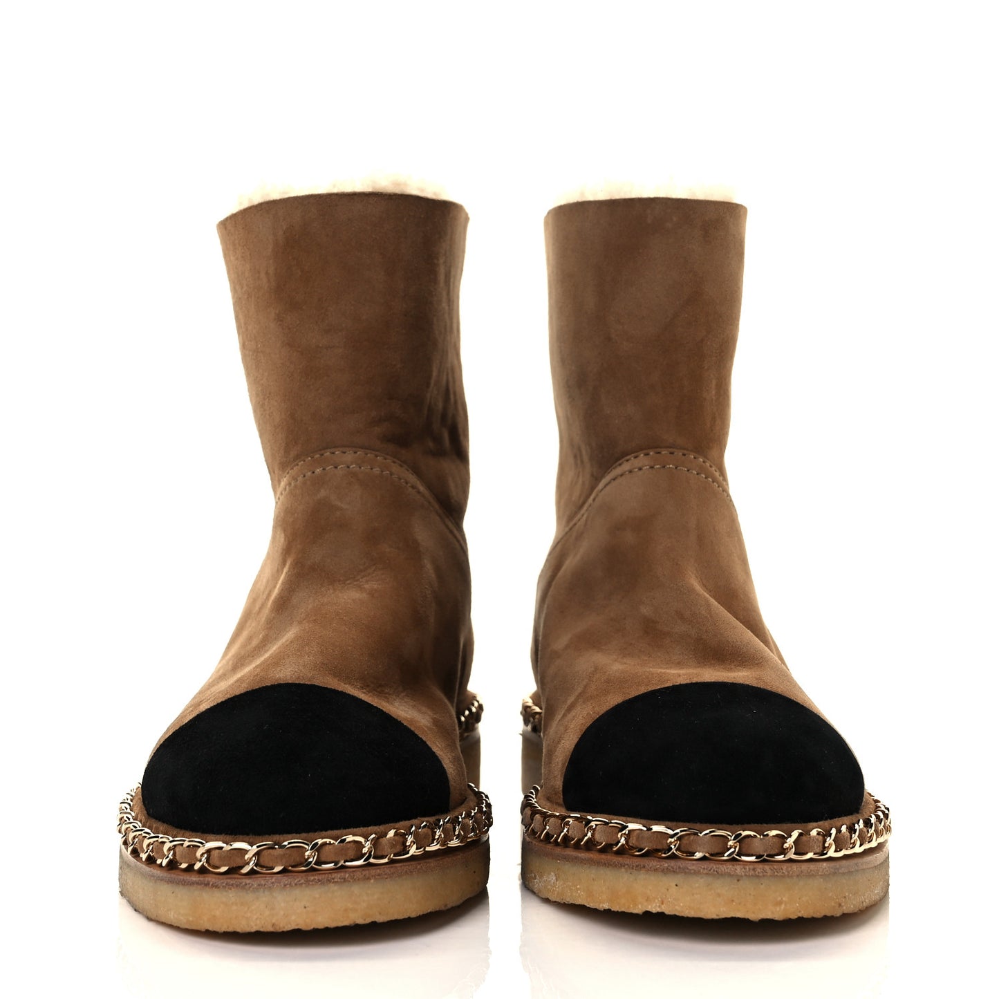 Kid Suede Shearling Womens Cap Toe Chain Short Boots 37 Light Brown Black