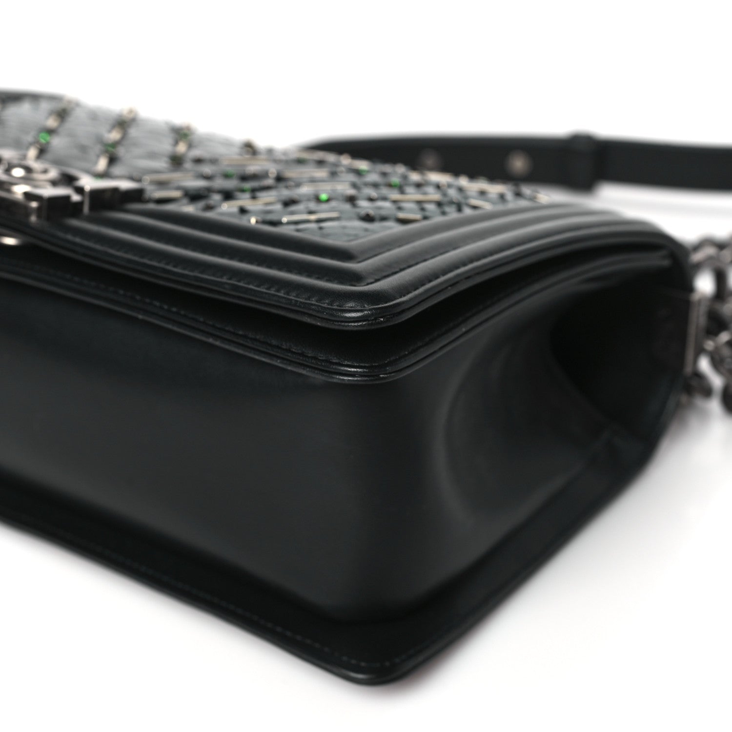 Chanel Lambskin Embroidered Python Chevron Medium Boy Flap Black Green 10 of 10