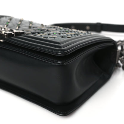 Chanel Lambskin Embroidered Python Chevron Medium Boy Flap Black Green 10 of 10