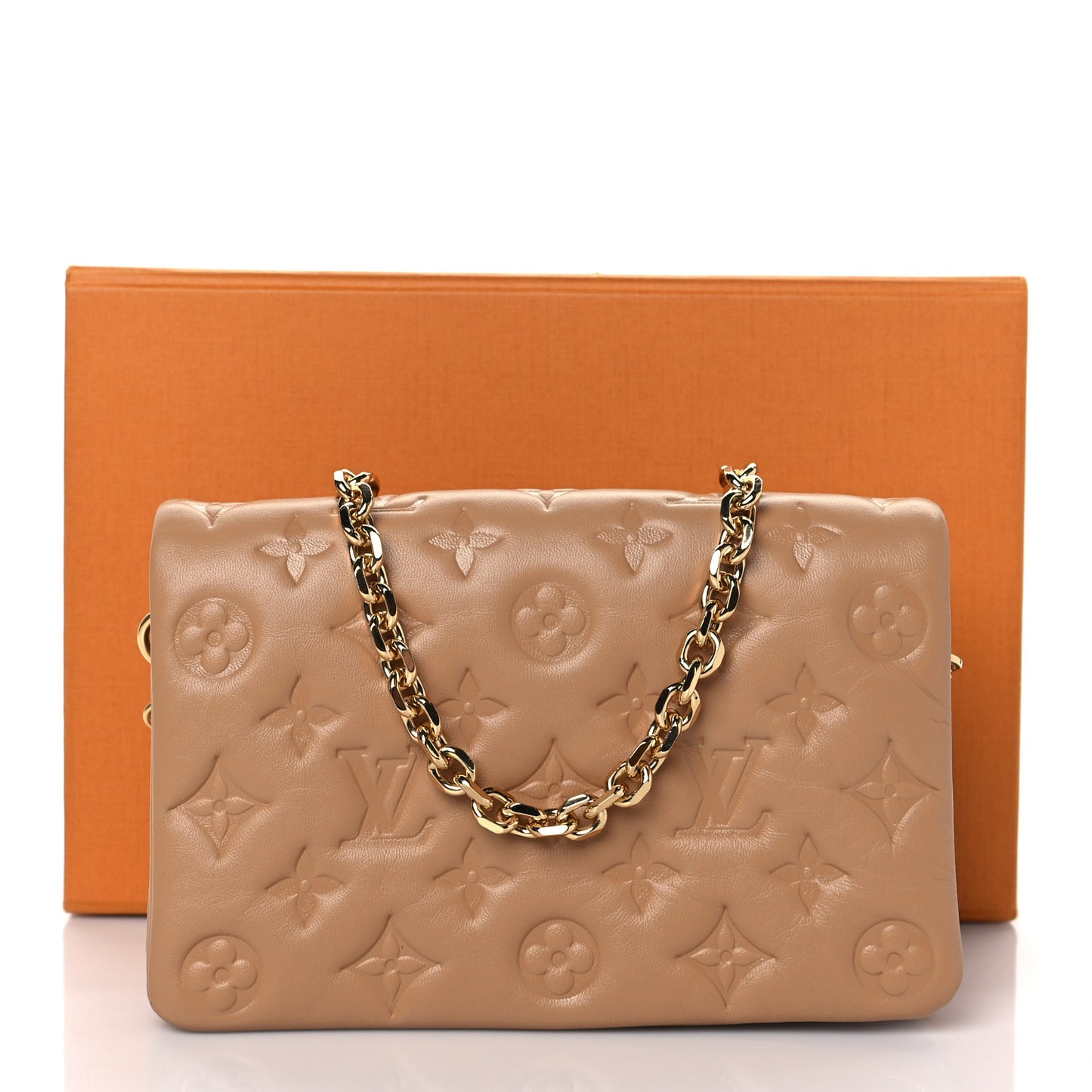 Lambskin Embossed Monogram Pochette Coussin Camel