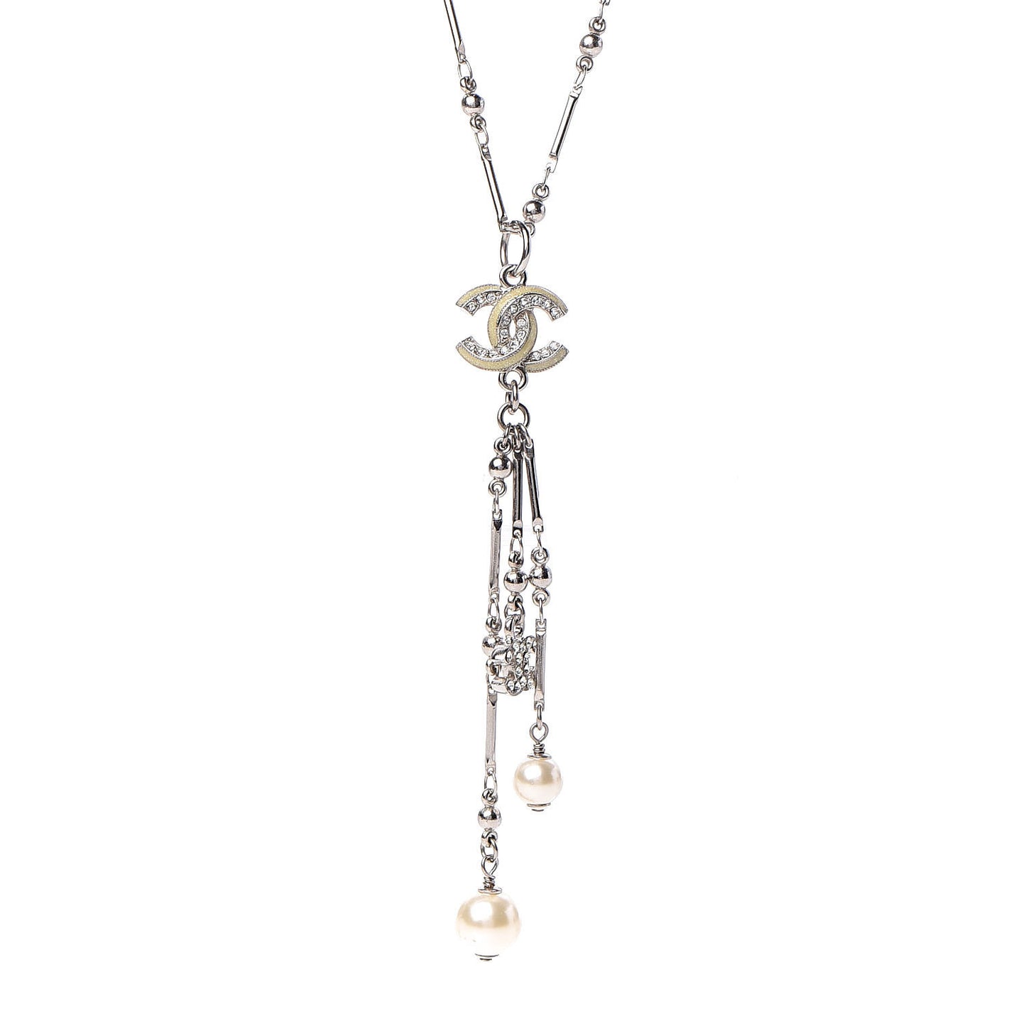 Crystal Pearl CC Beaded Long Necklace Silver