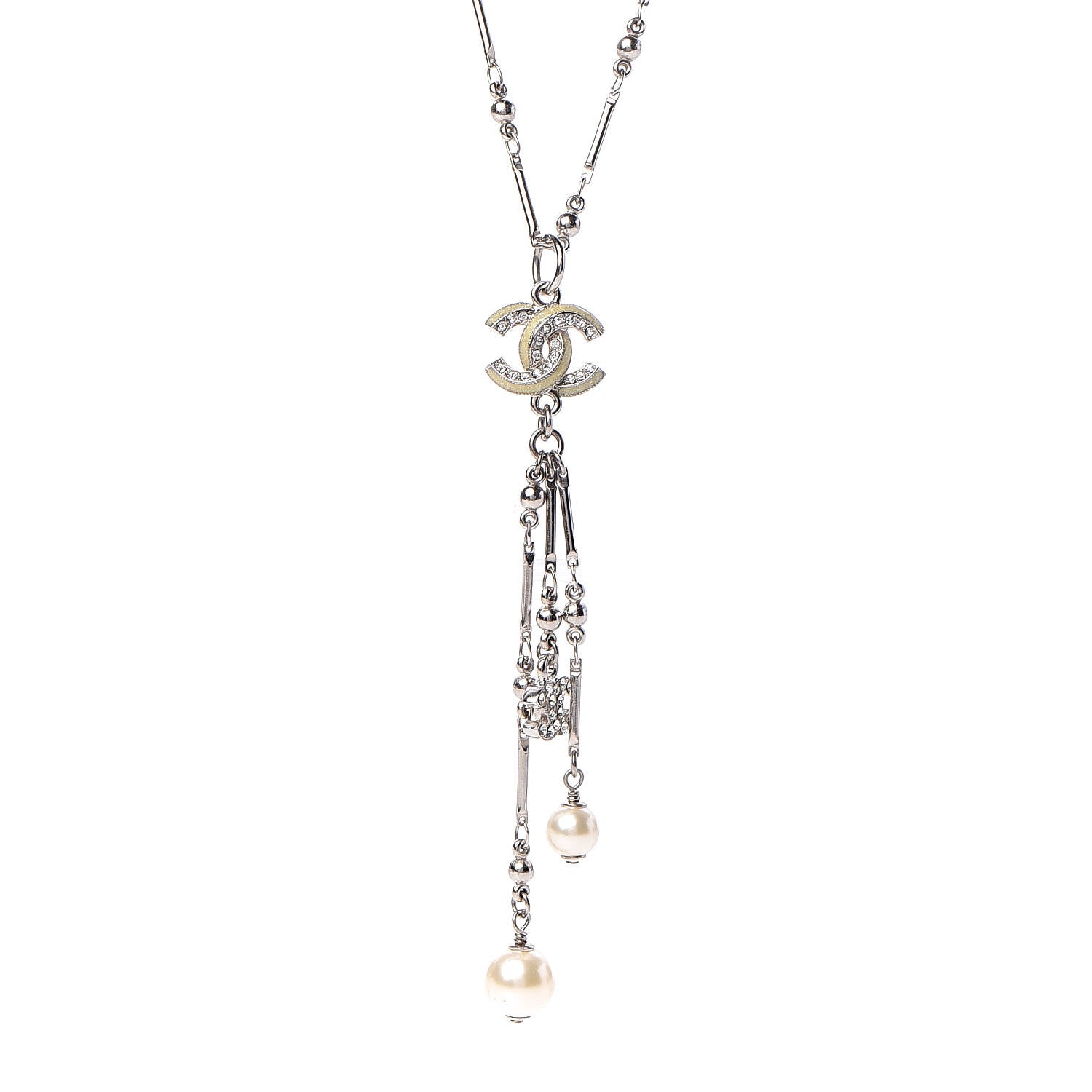 Chanel Crystal Pearl CC Beaded Long Necklace Silver 4 of 7