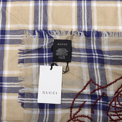 Gucci Wool Tiger Embroidered Plaid Scarf Beige Navy 3 of 4