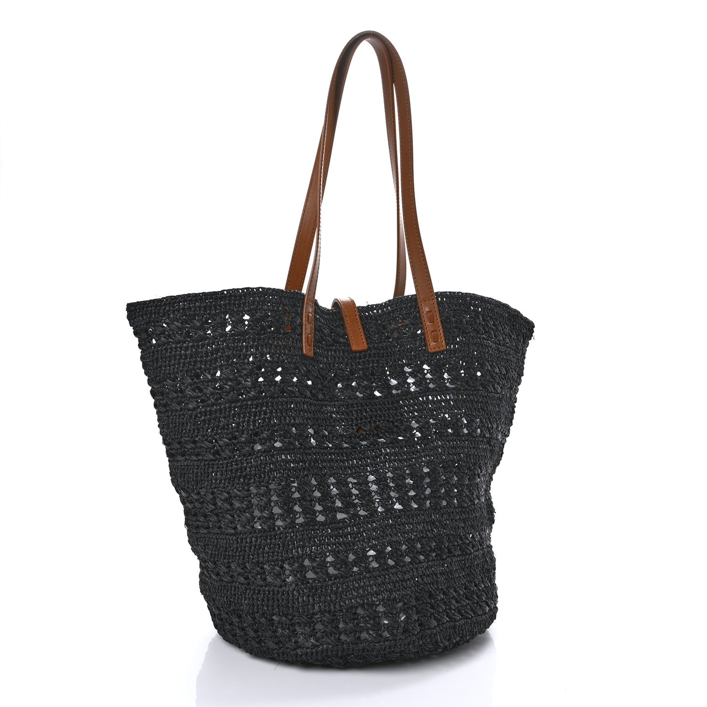 Raffia Calfskin Medium Panier Tote Black