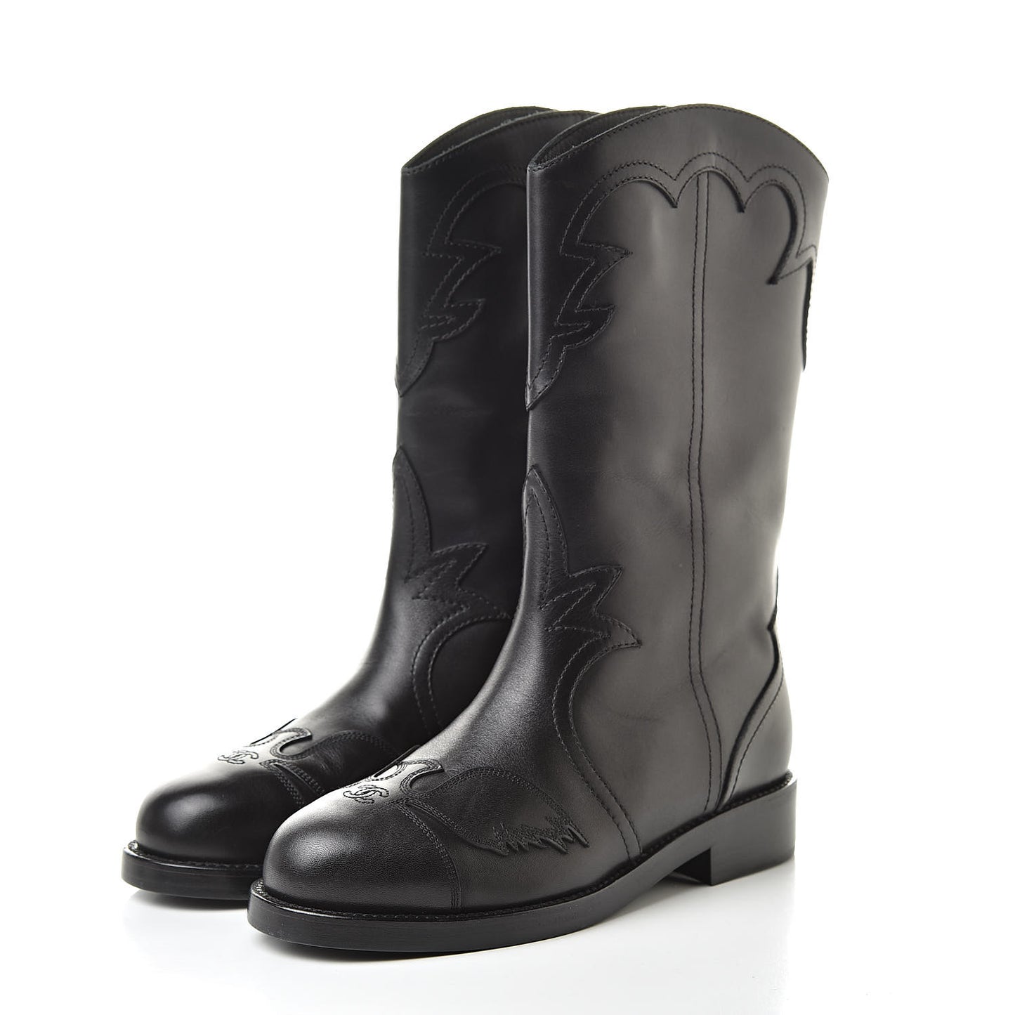 Calfskin Embroidered Western Boots 35 Black