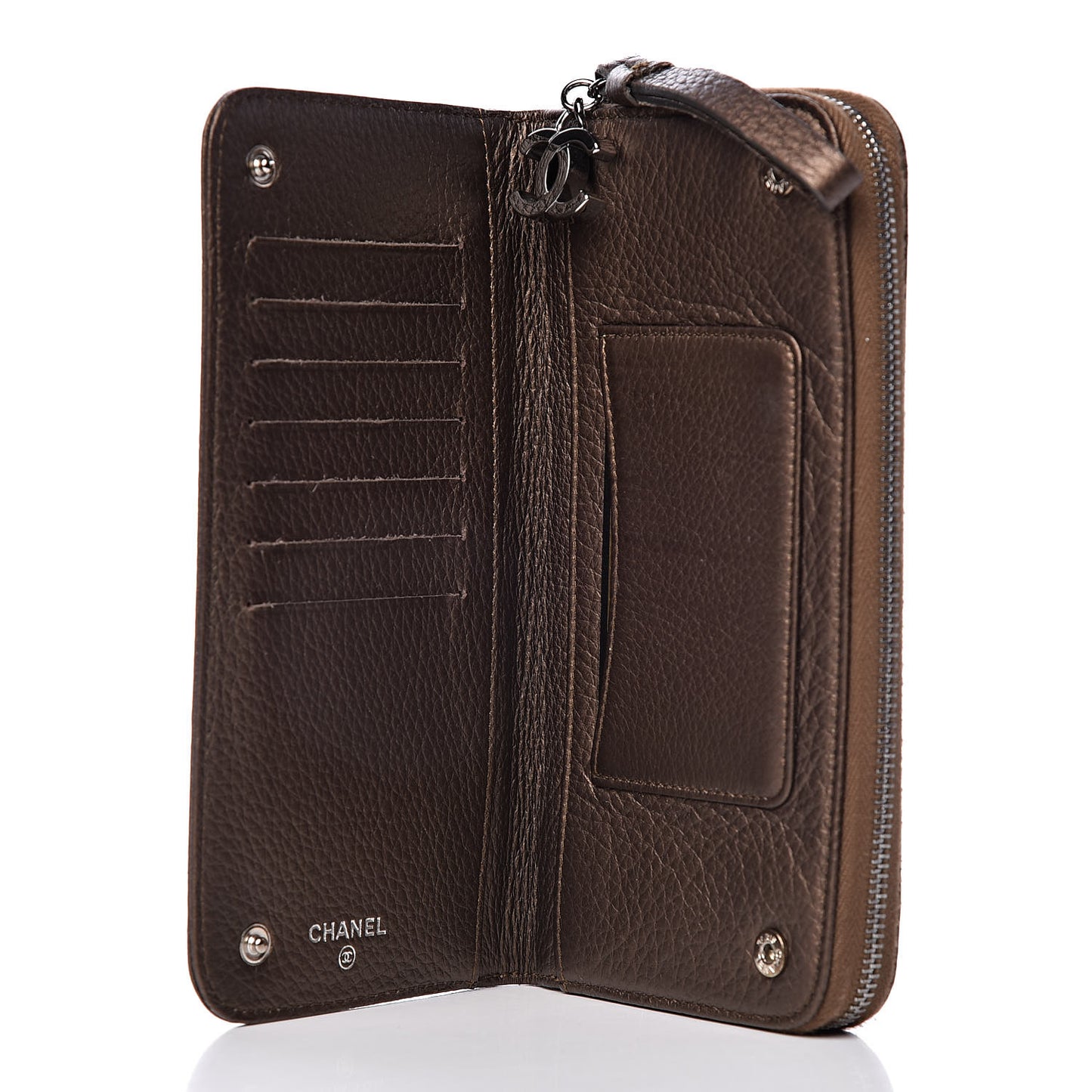 Metallic Calfskin Large Timeless Zip Around Wallet Brown