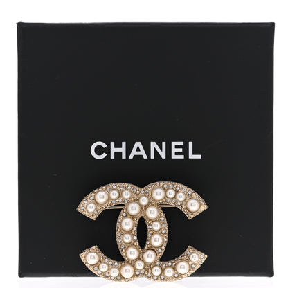 Chanel Metal Crystal Graduated Pearl CC Brooch Gold 5 of 5