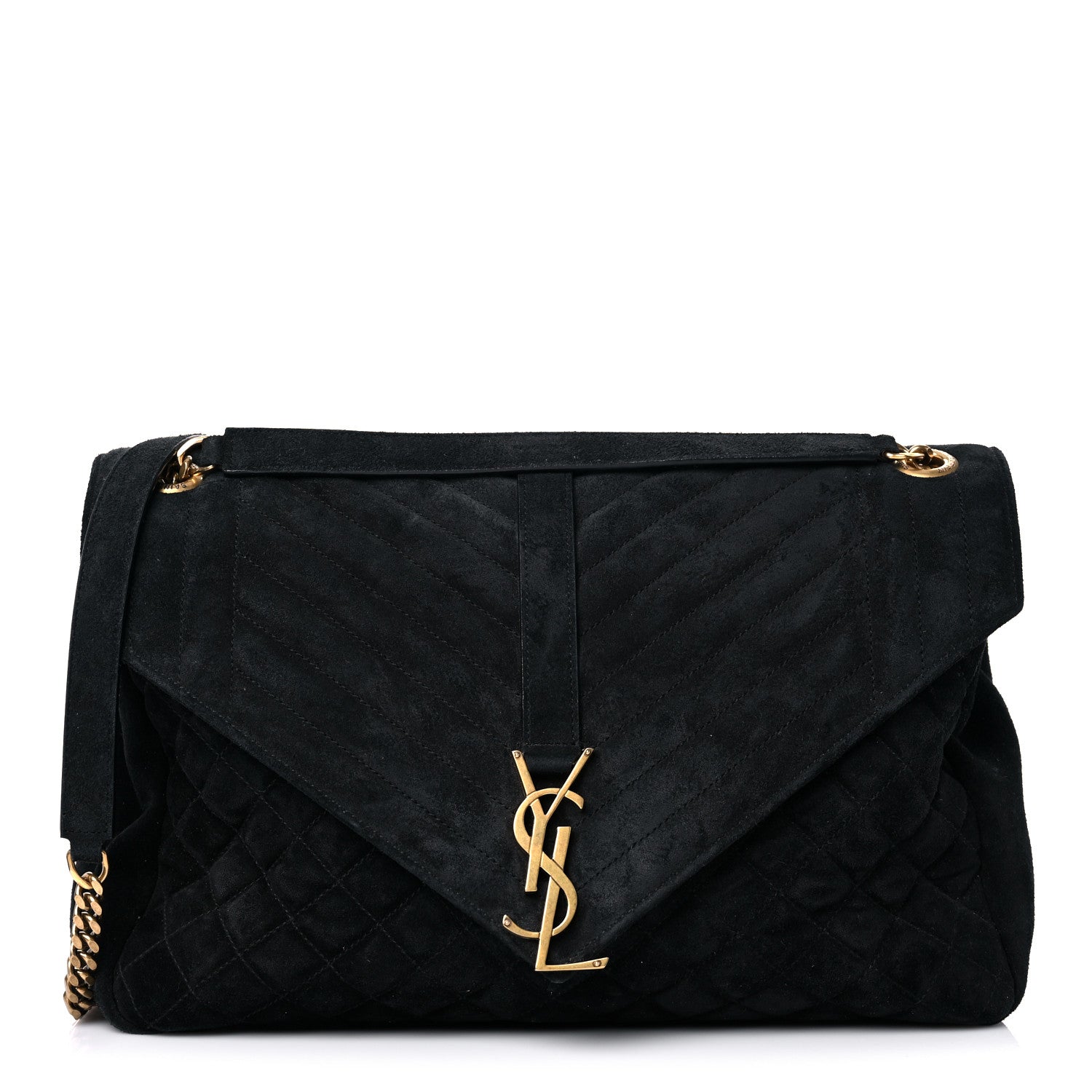 Saint Laurent Suede Mixed Matelasse Tri-Quilt Large Monogram Envelope Satchel Black 1 of 25
