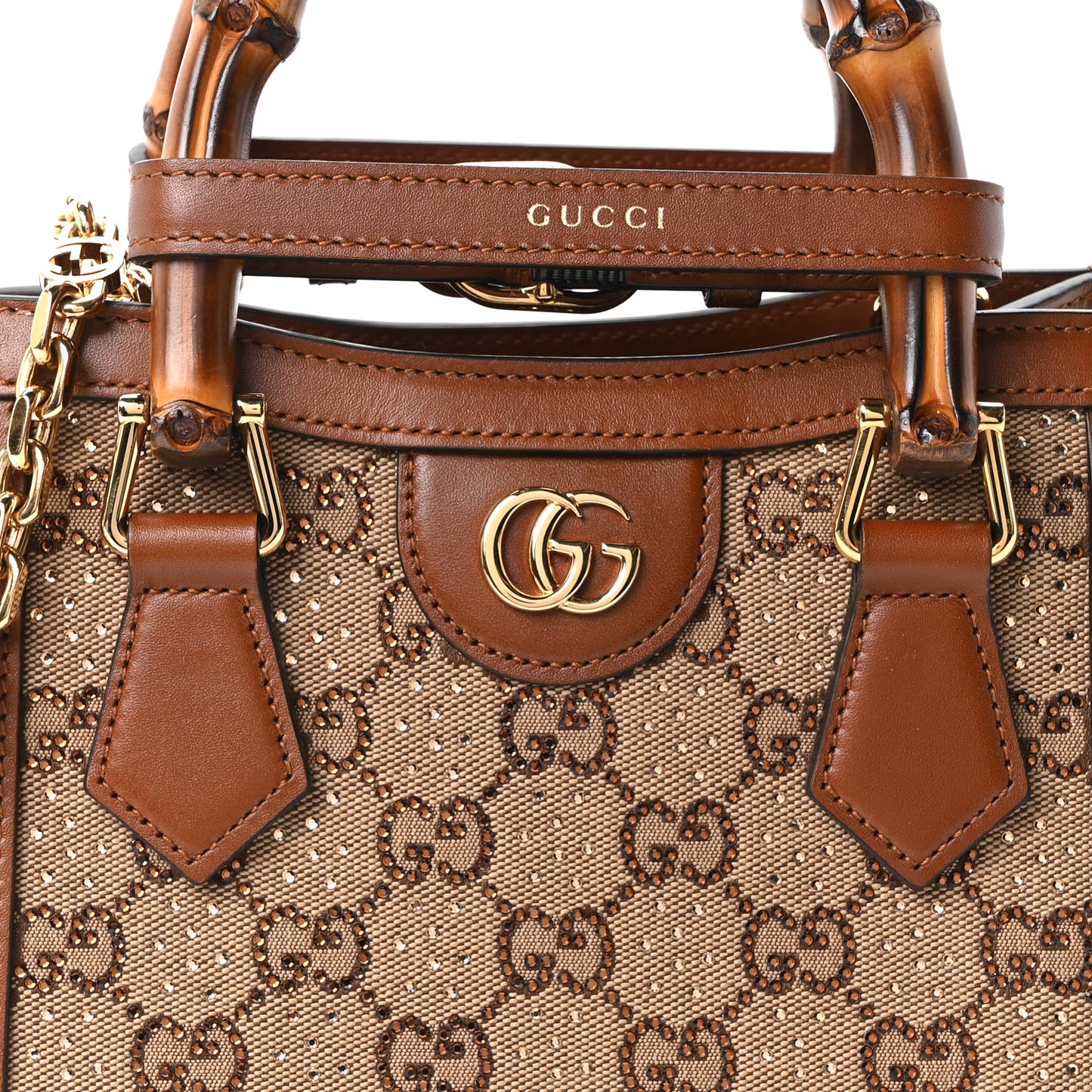 New Canvas Charisma Calfskin Crystal GG Monogram Mini Diana Tote Bag Camel Ebony