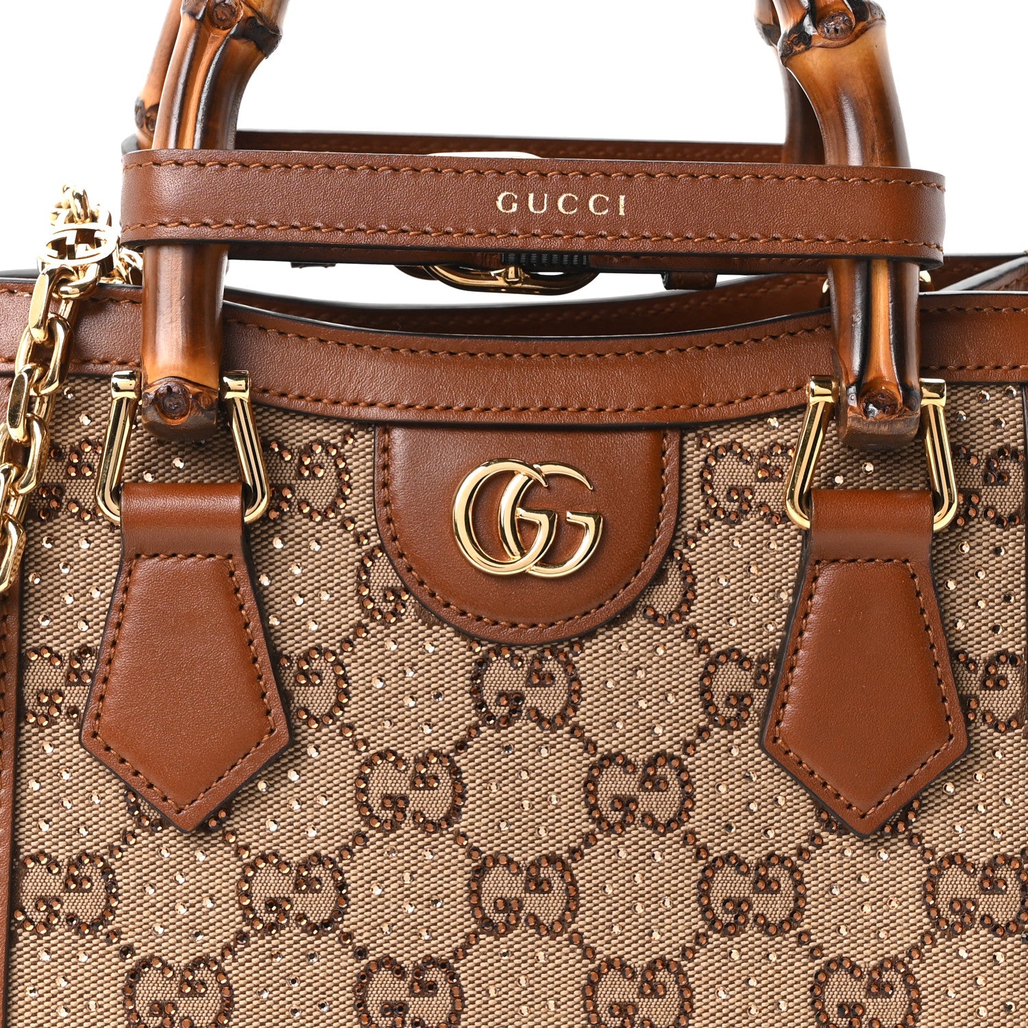 Gucci New Canvas Charisma Calfskin Crystal GG Monogram Mini Diana Tote Bag Camel Ebony 8 of 10