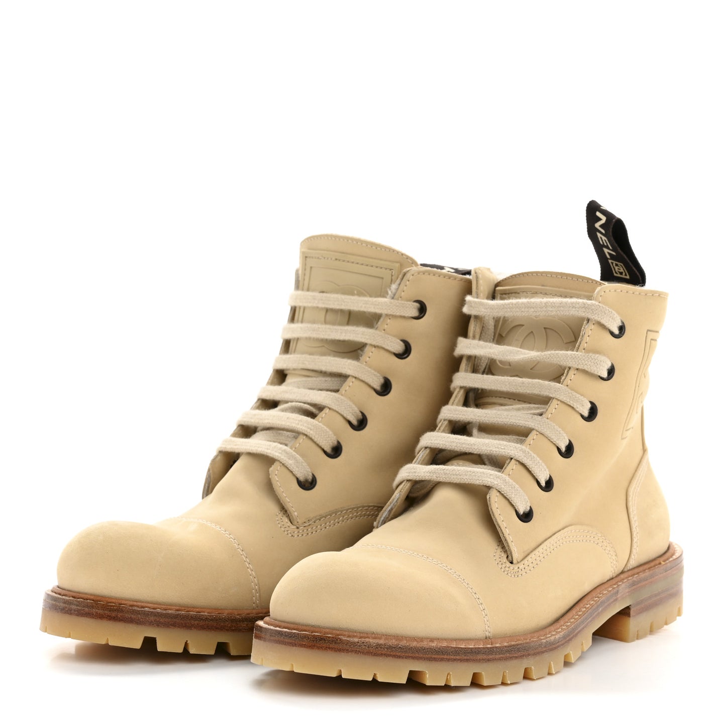 Calfskin Suede Quilted Lace Up Combat Boots 37 Light Beige