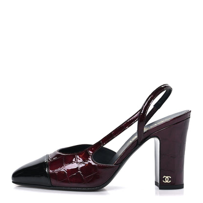 Chanel Crocodile Embossed Patent CC Cap Toe CC Slingback Pumps 38 Dark Burgundy 1 of 11