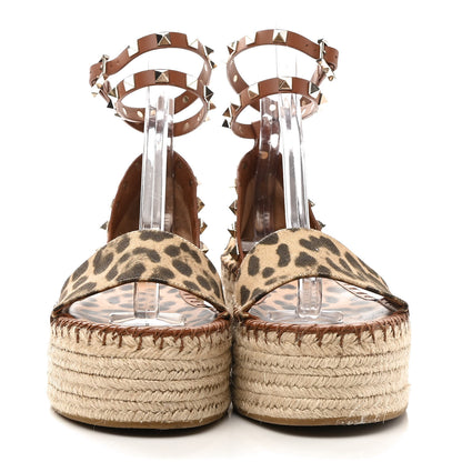 Valentino Garavani Canvas Leopard Print Rockstud Ankle Wrap Espadrille Flatform Sandals 37 Brown 2 of 11