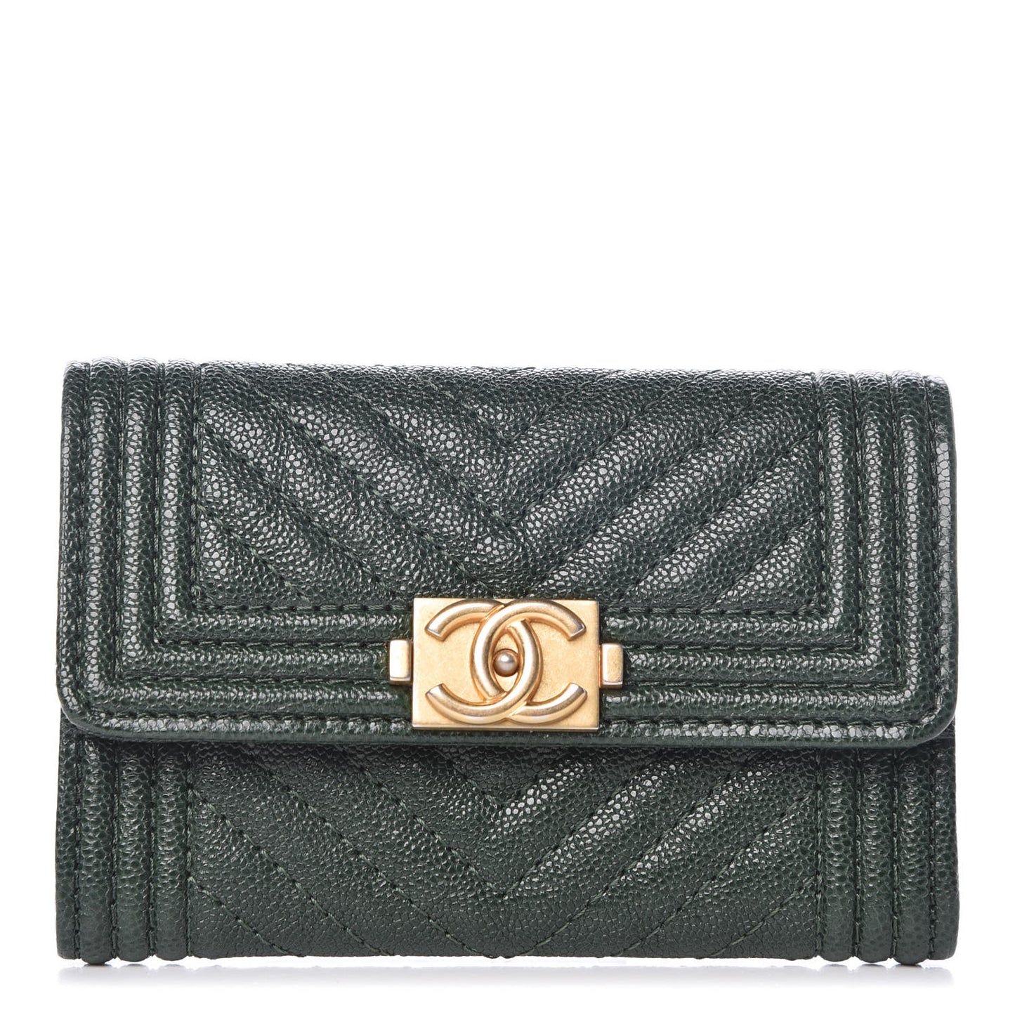 Caviar Chevron Quilted Boy Card Holder Wallet Green