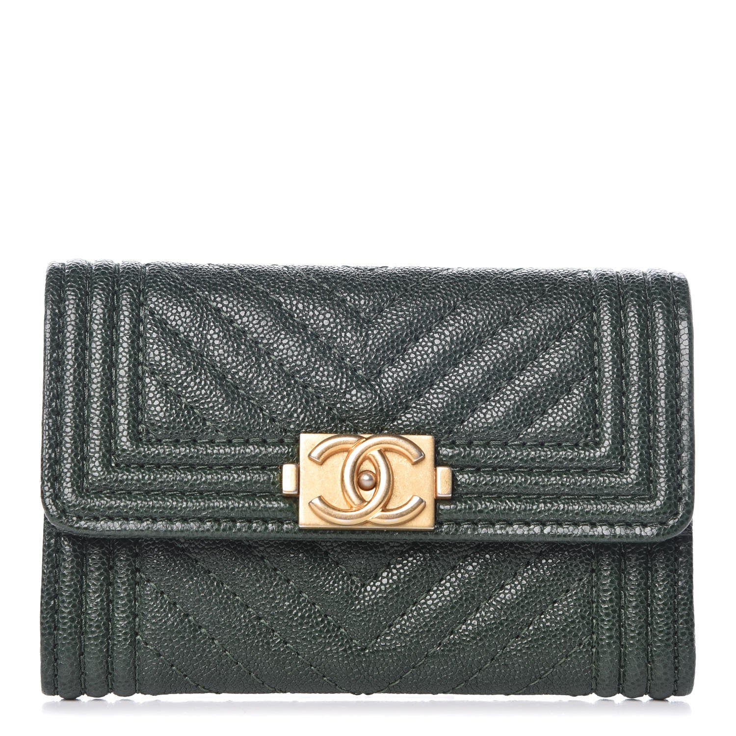 Chanel Caviar Chevron Quilted Boy Card Holder Wallet Green 1 of 9