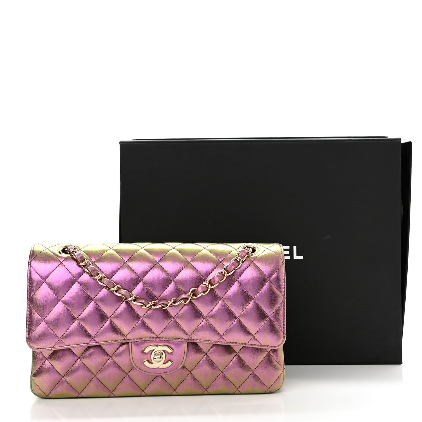 Iridescent Lambskin Quilted Medium Double Flap Purple