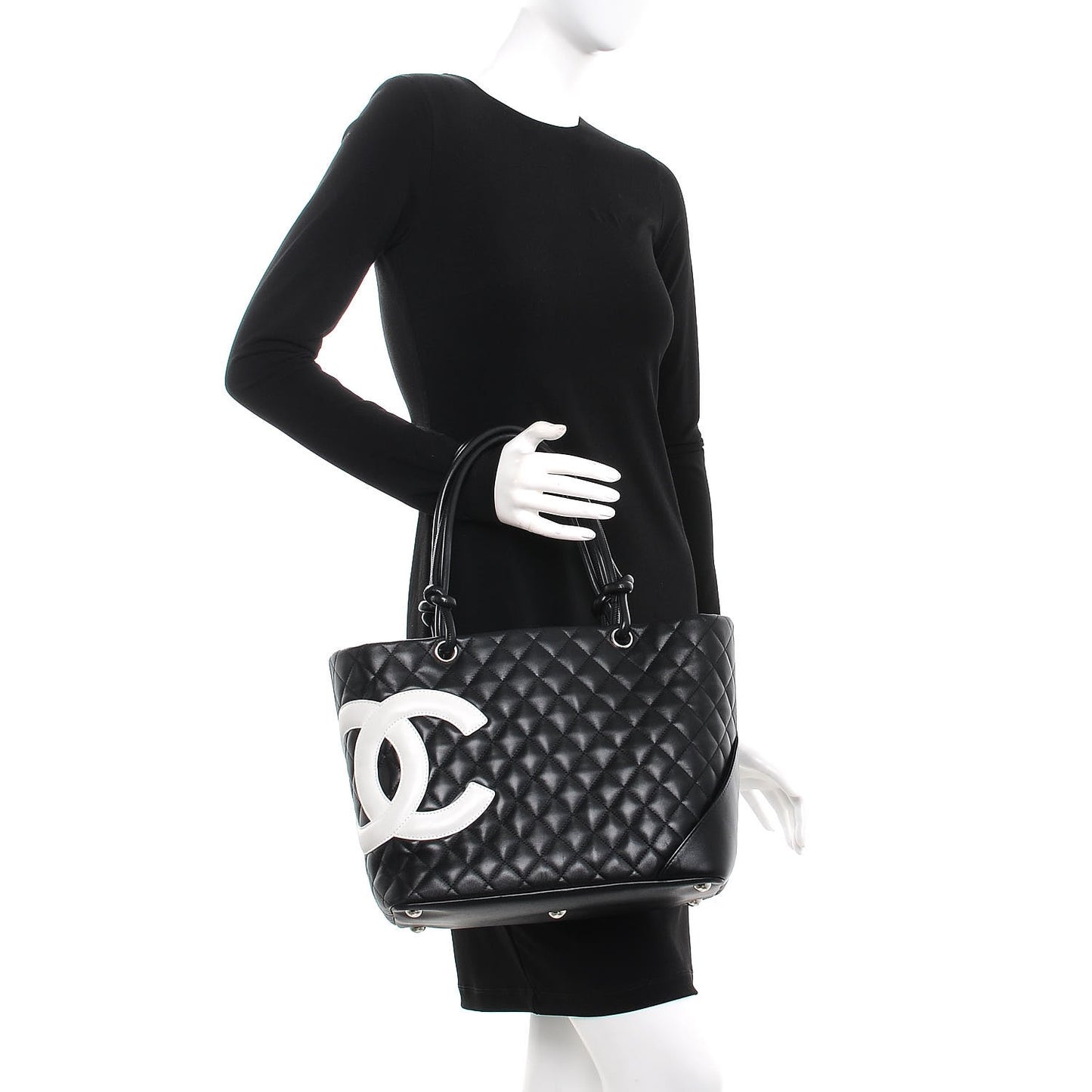 Calfskin Quilted Large Cambon Tote Black White