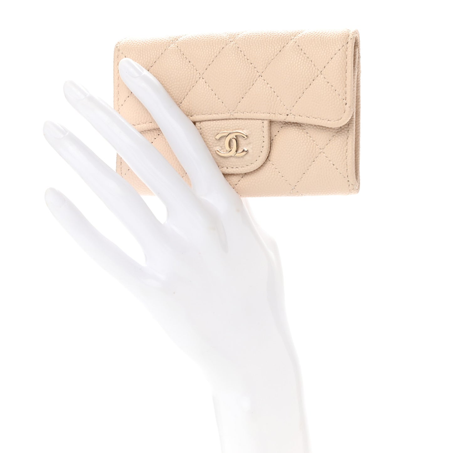Caviar Quilted Flap Card Holder Wallet Light Beige