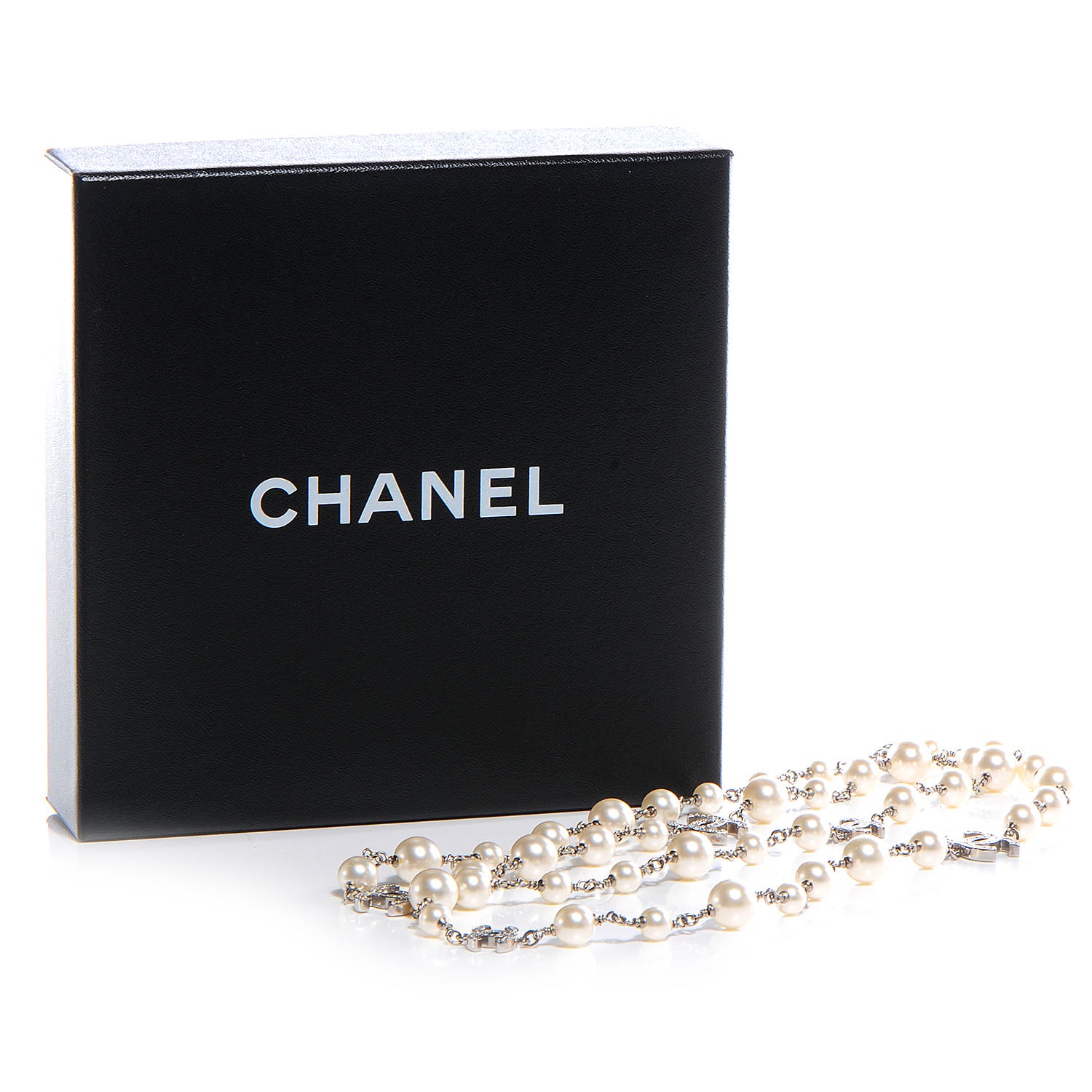 Chanel Crystal Pearl CC Long Necklace Silver 8 of 8