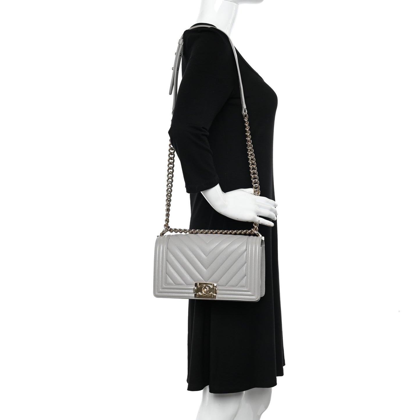 Caviar Chevron Quilted Medium Boy Flap Grey