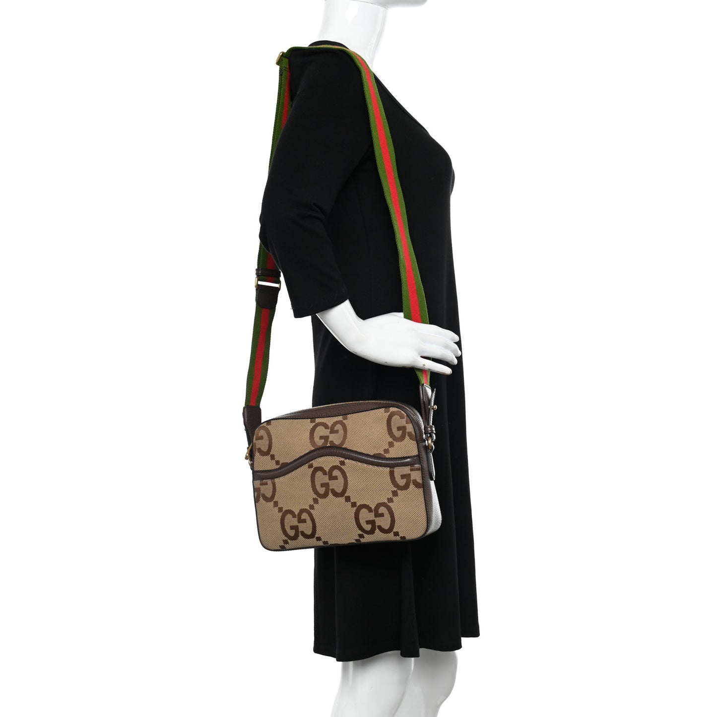 Monogram Jumbo GG Textured Dollar Calfskin Web Messenger Shoulder Bag Camel Ebony New Acero