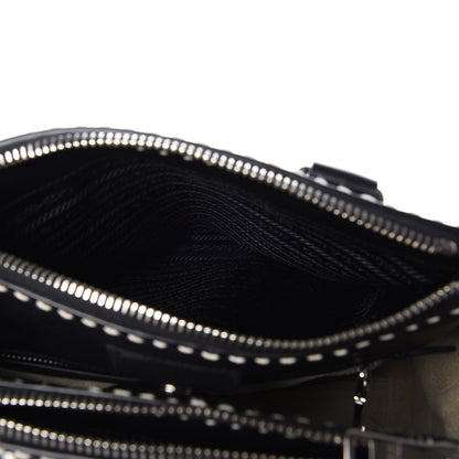 Prada City Calf Small Stitched Twin Pocket Tote Black White 11 of 11