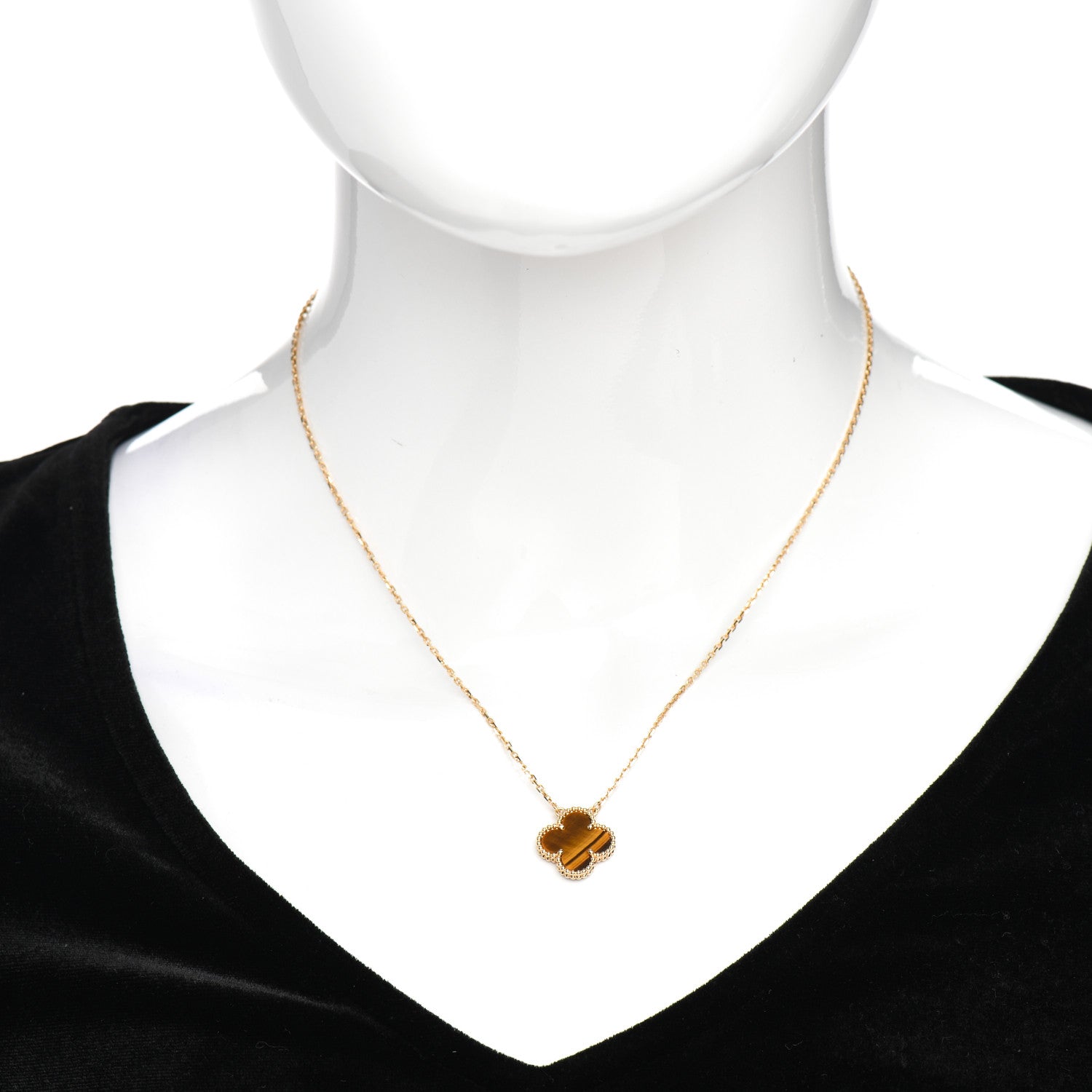 Van Cleef & Arpels 18K Yellow Gold Tiger Eye Vintage Alhambra Pendant Necklace 2 of 5