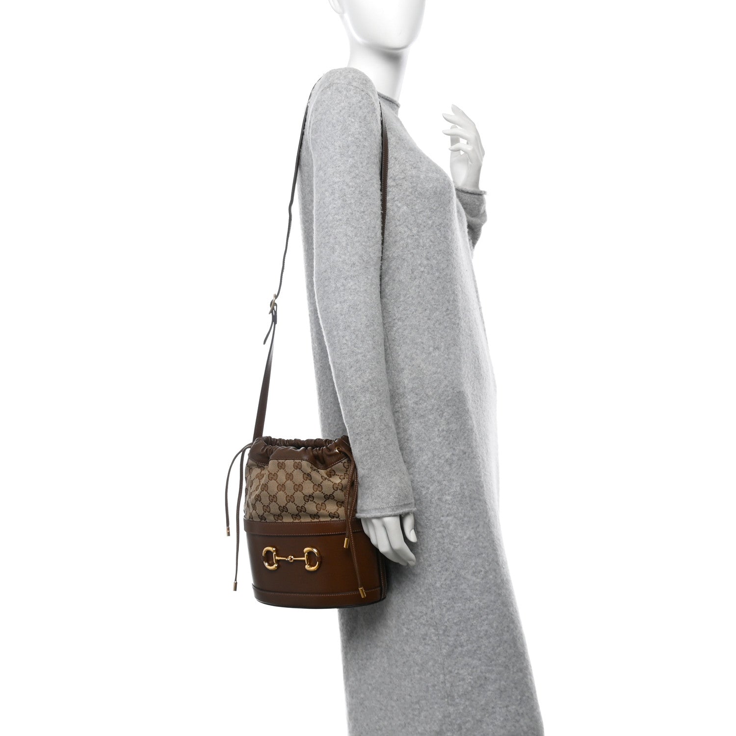 Gucci Monogram Textured Calfskin Horsebit 1955 Drawstring Bucket Bag Beige Brown Sugar 2 of 11