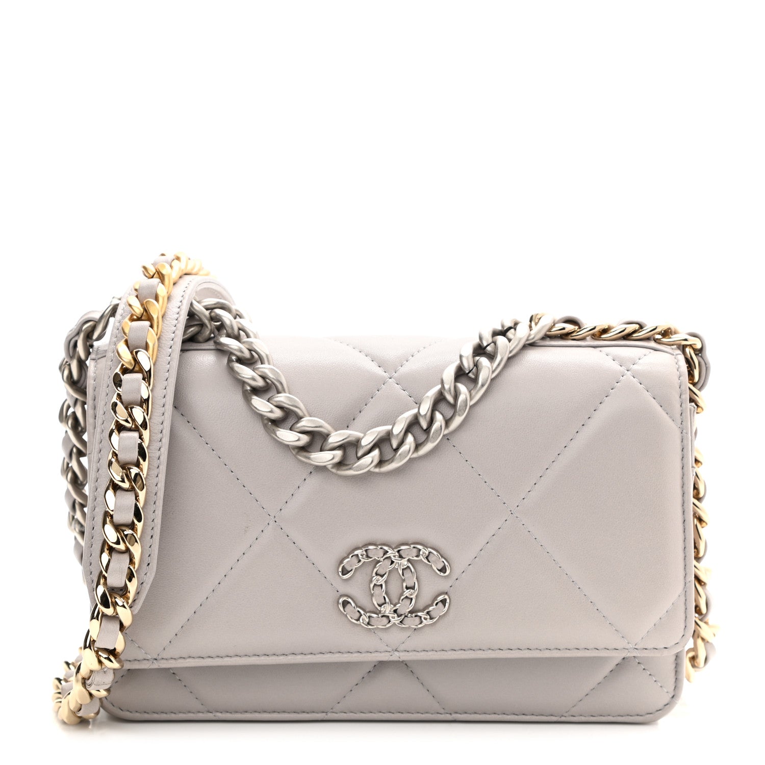Chanel Lambskin Quilted Chanel 19 Wallet On Chain WOC Light Grey 1 of 12