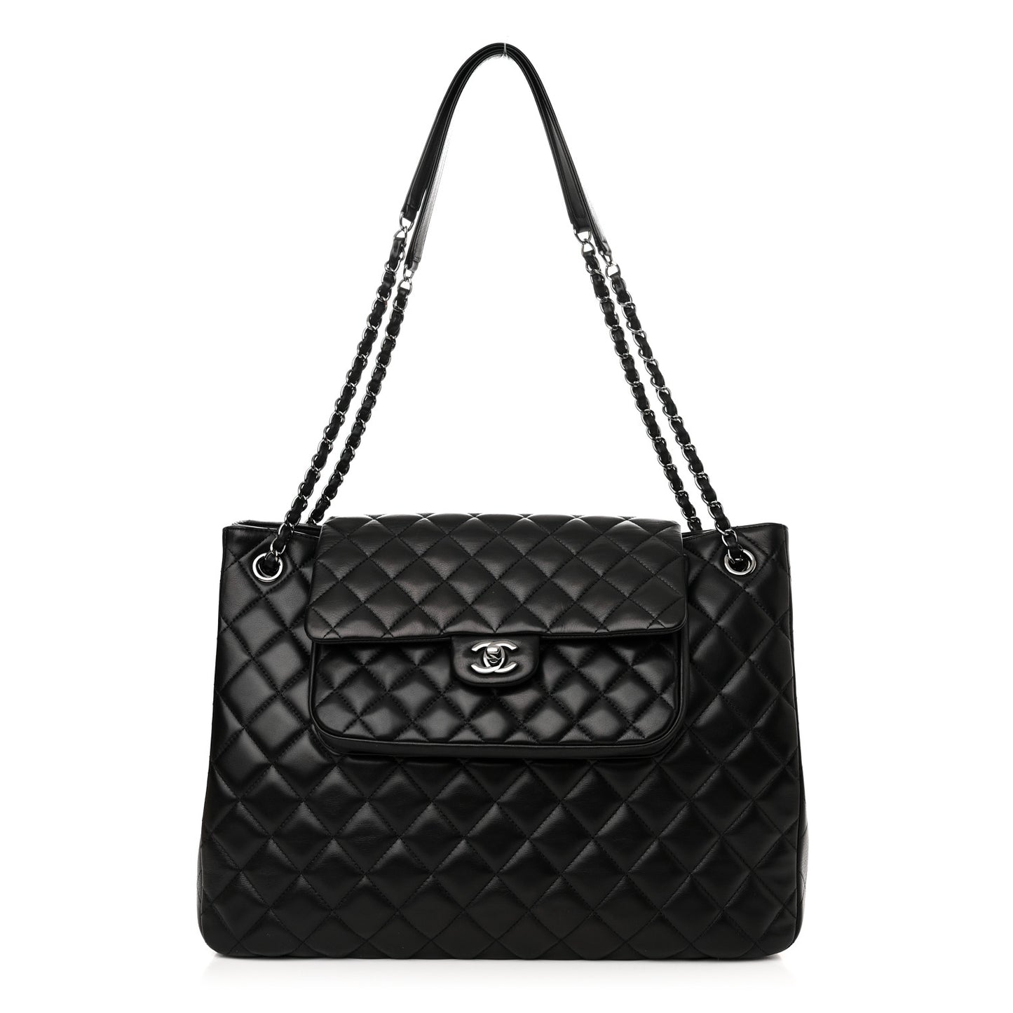 Lambskin Quilted Front Flap Tote Black