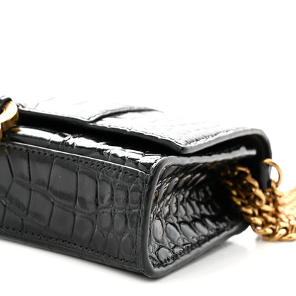 Balenciaga Shiny Calfskin Crocodile Embossed Hourglass Chain Bag Black 9 of 10