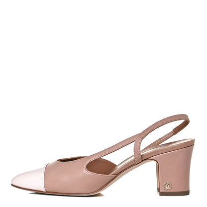 Chanel Glazed Calfskin Cap Toe CC Slingback Pumps 38 Beige Pink 1 of 14