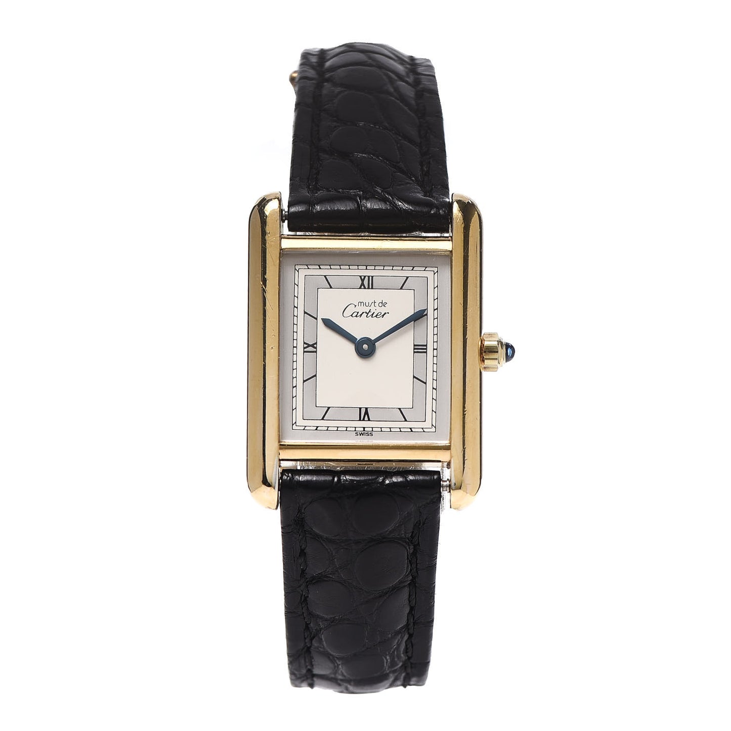 Sterling Silver Vermeil Alligator 20mm Must de Cartier Tank Quartz Watch Grey