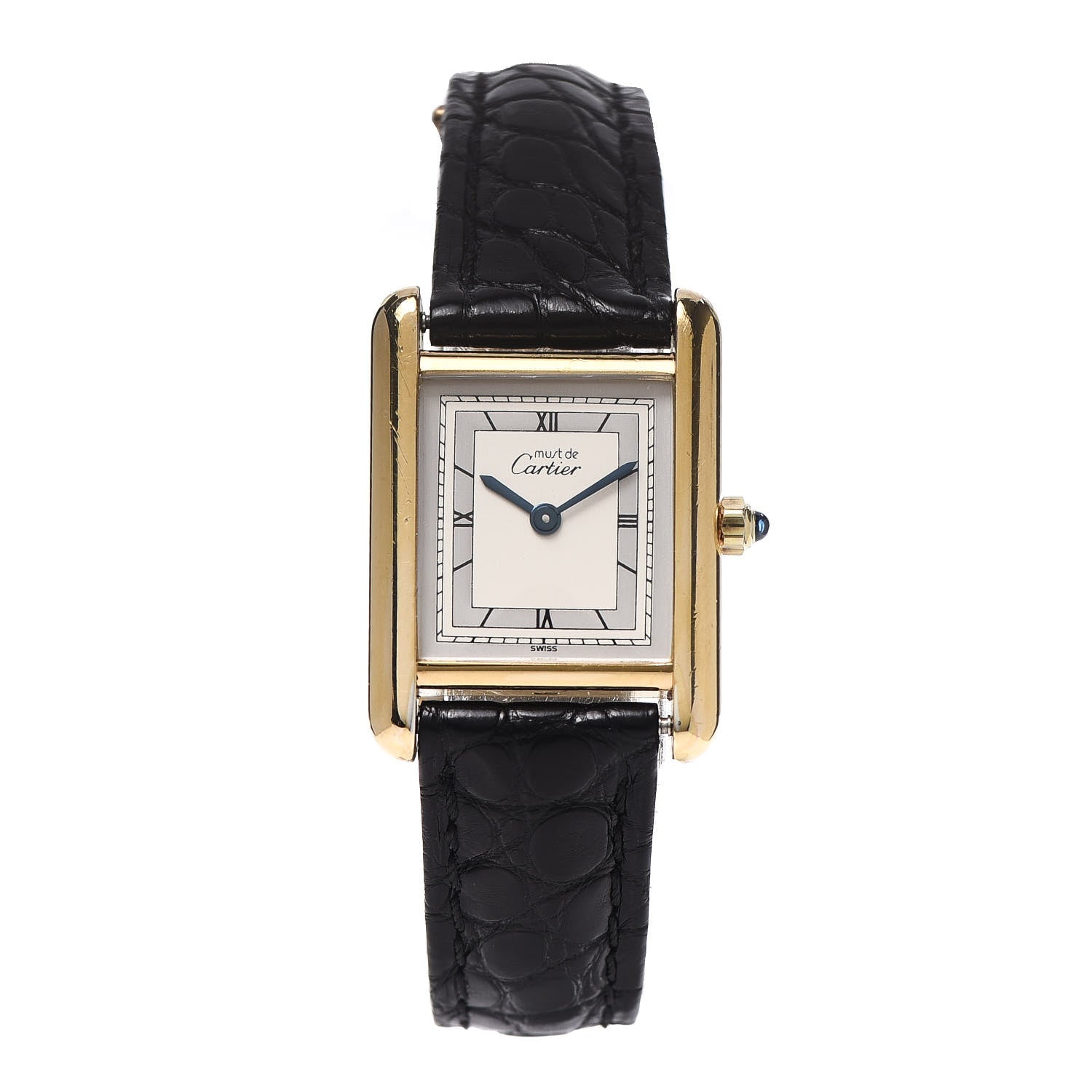 Cartier Sterling Silver Vermeil Alligator 20mm Must de Cartier Tank Quartz Watch Grey 1 of 7