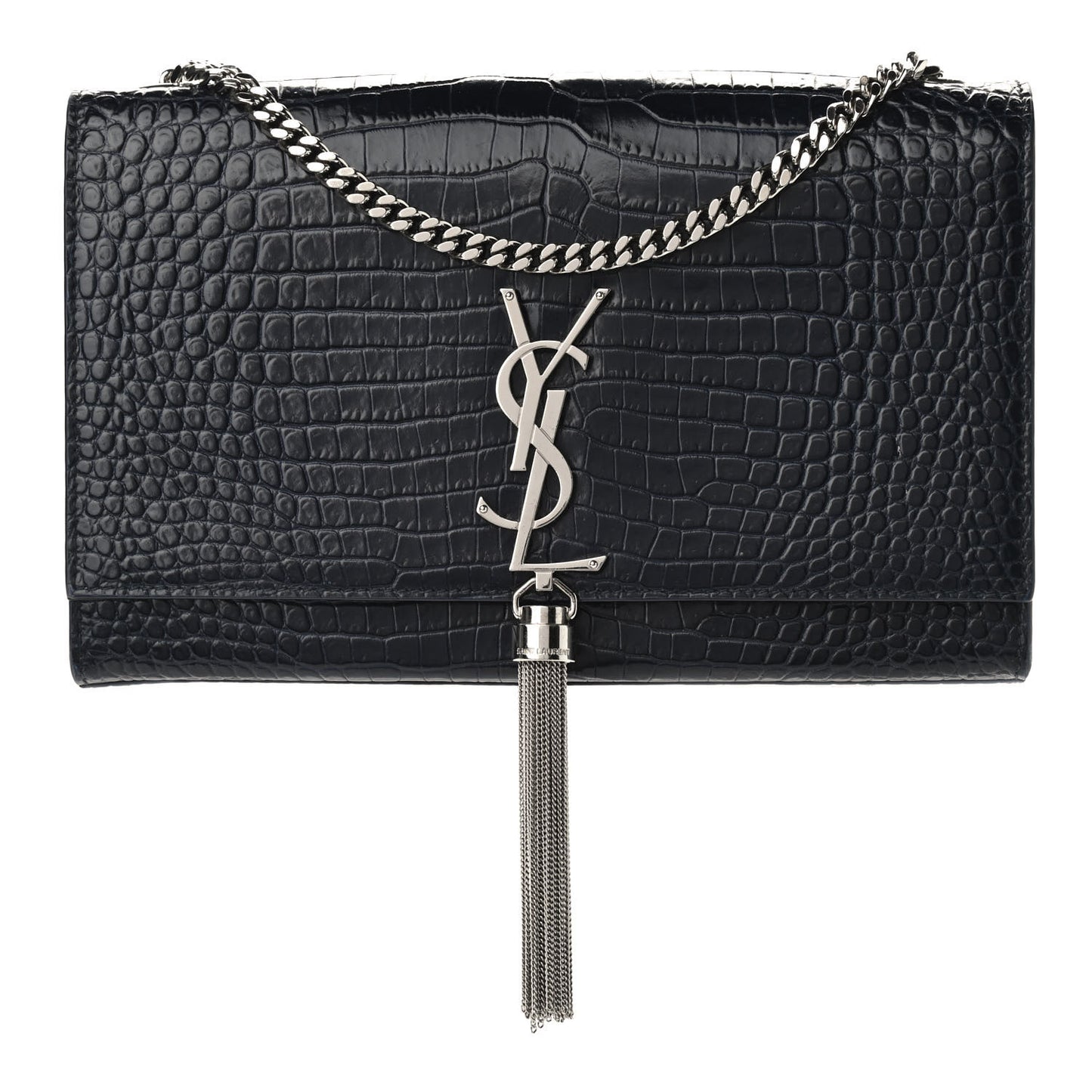 Calfskin Crocodile Embossed Medium Classic Monogram Kate Tassel Satchel Blue Sapphire