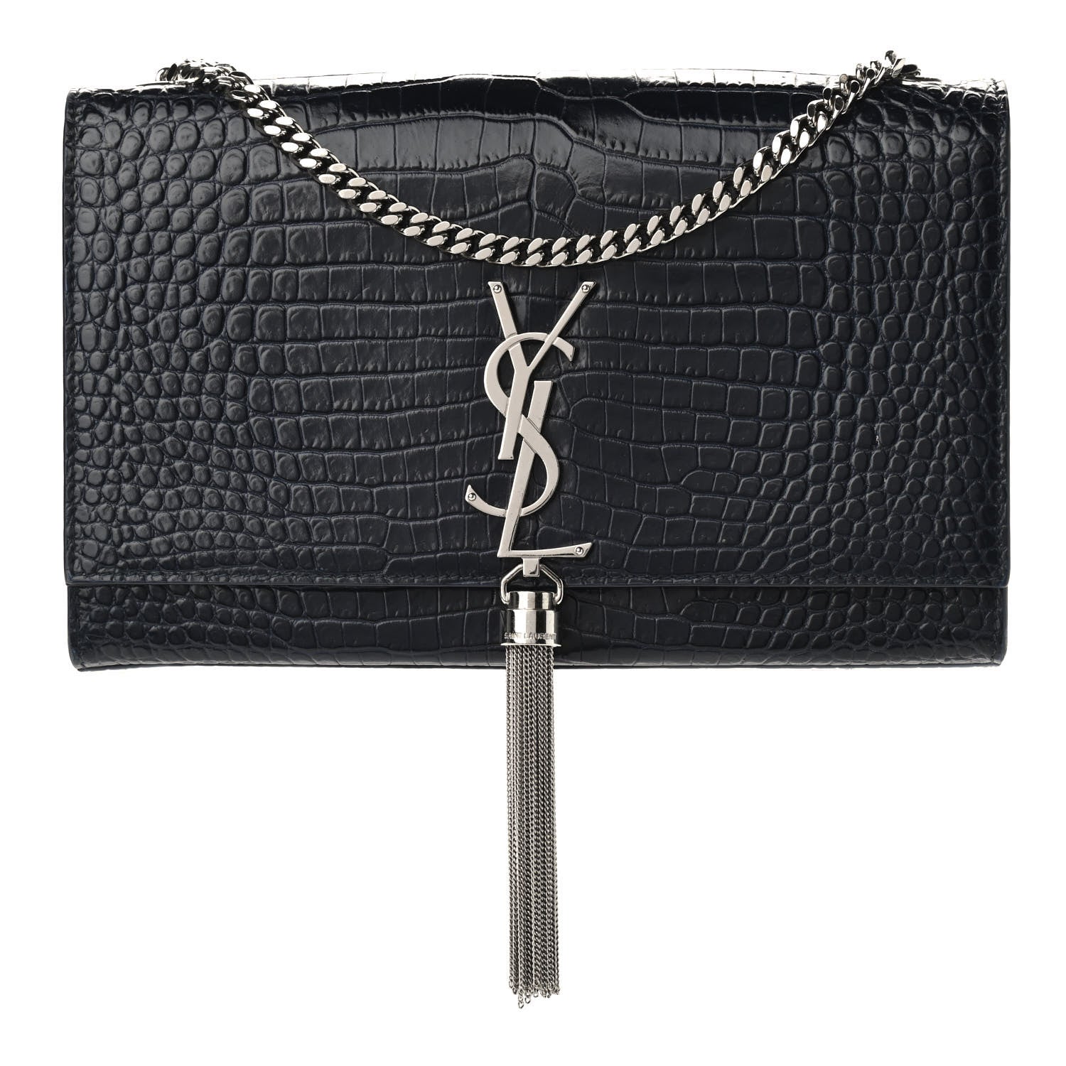 Saint Laurent Calfskin Crocodile Embossed Medium Classic Monogram Kate Tassel Satchel Blue Sapphire 1 of 8