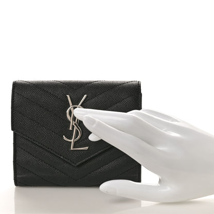 Saint Laurent Grain De Poudre Matelasse Chevron Monogram Compact Tri Fold Wallet Black 2 of 8