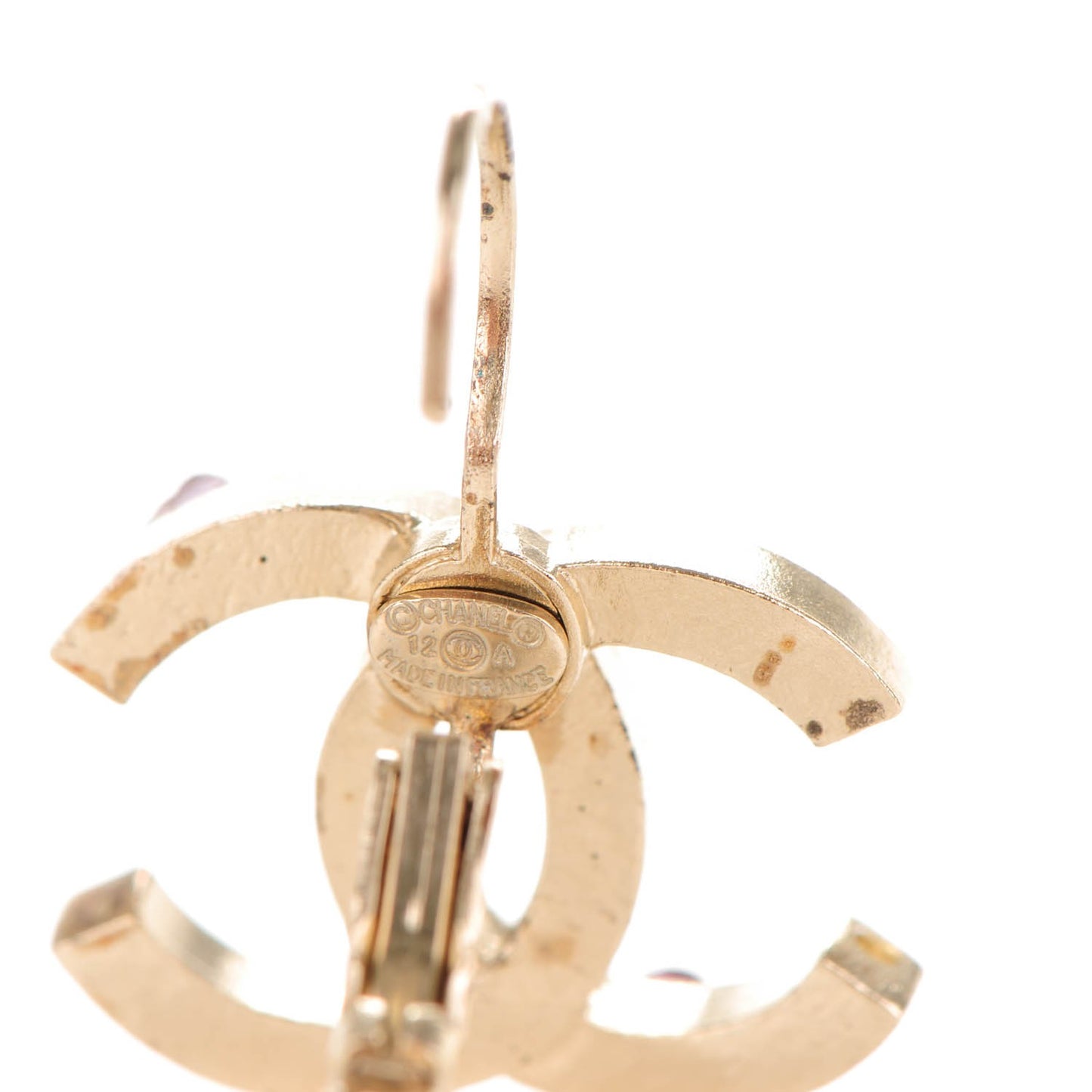 Stone CC Dangle Earrings Light Gold