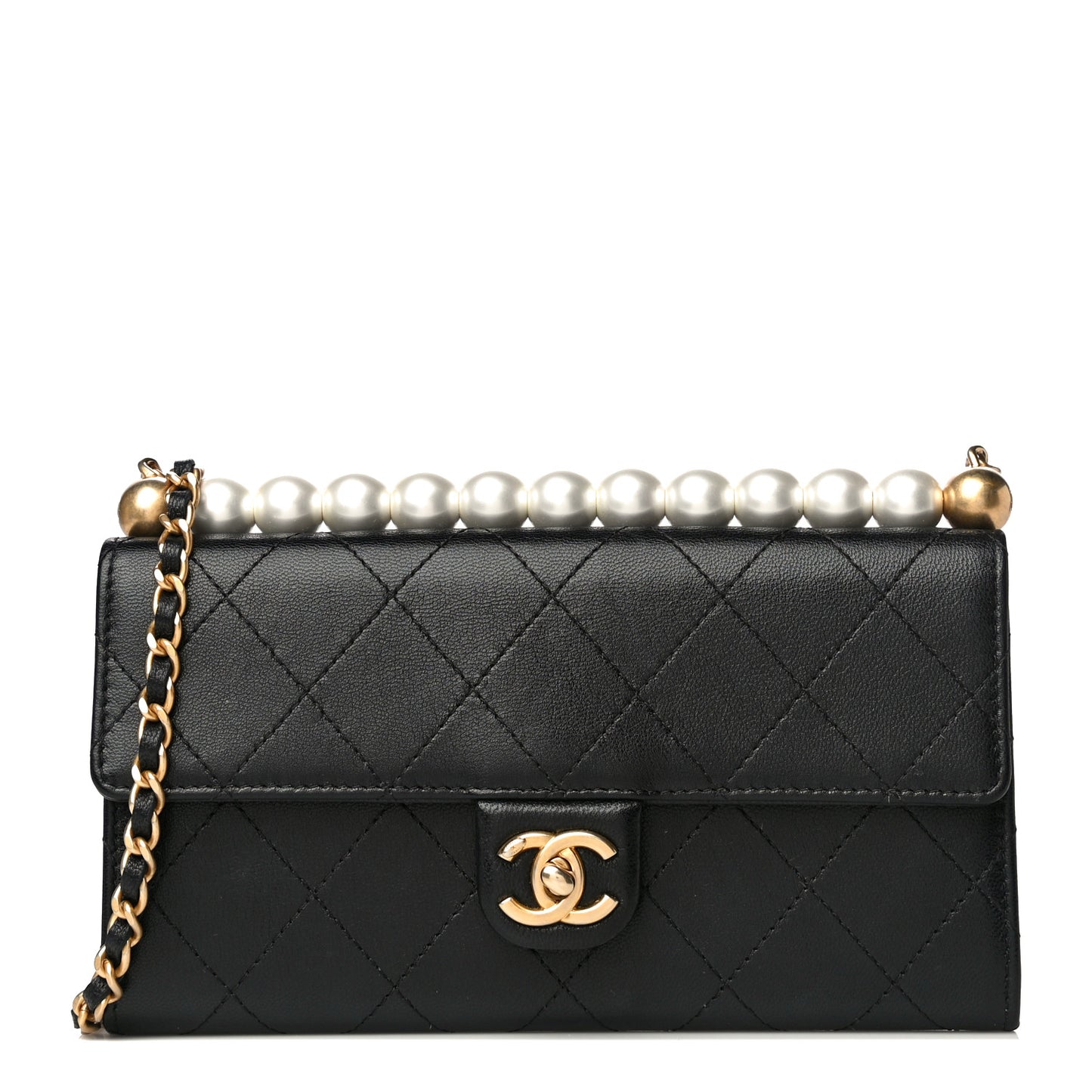 Goatskin Quilted Chic Pearls Clutch With Chain Black