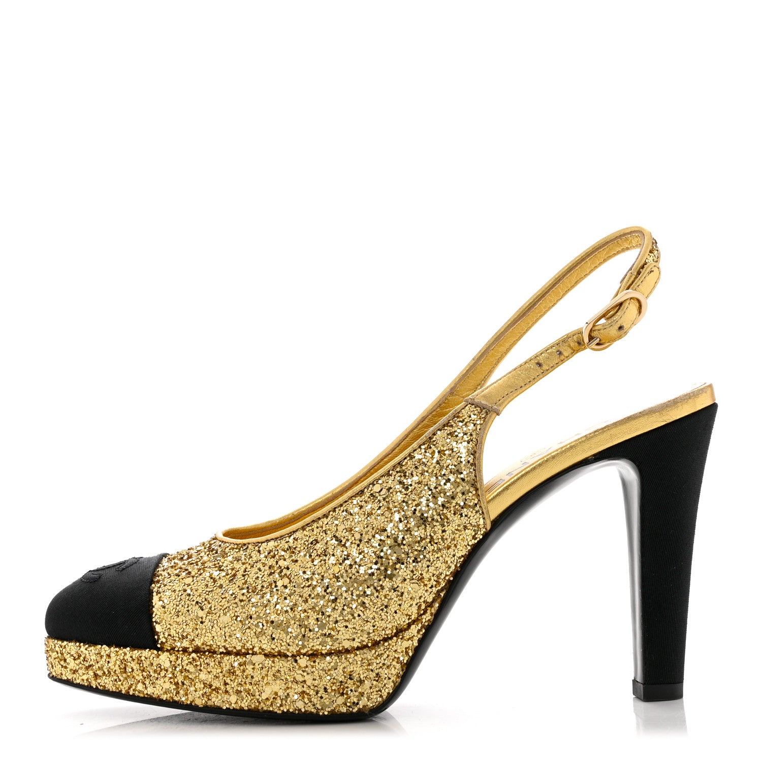 product image of CHANEL Glitter Grosgrain Cap Toe CC Slingback Pumps 37.5 Gold Black FASHIONPHILE
