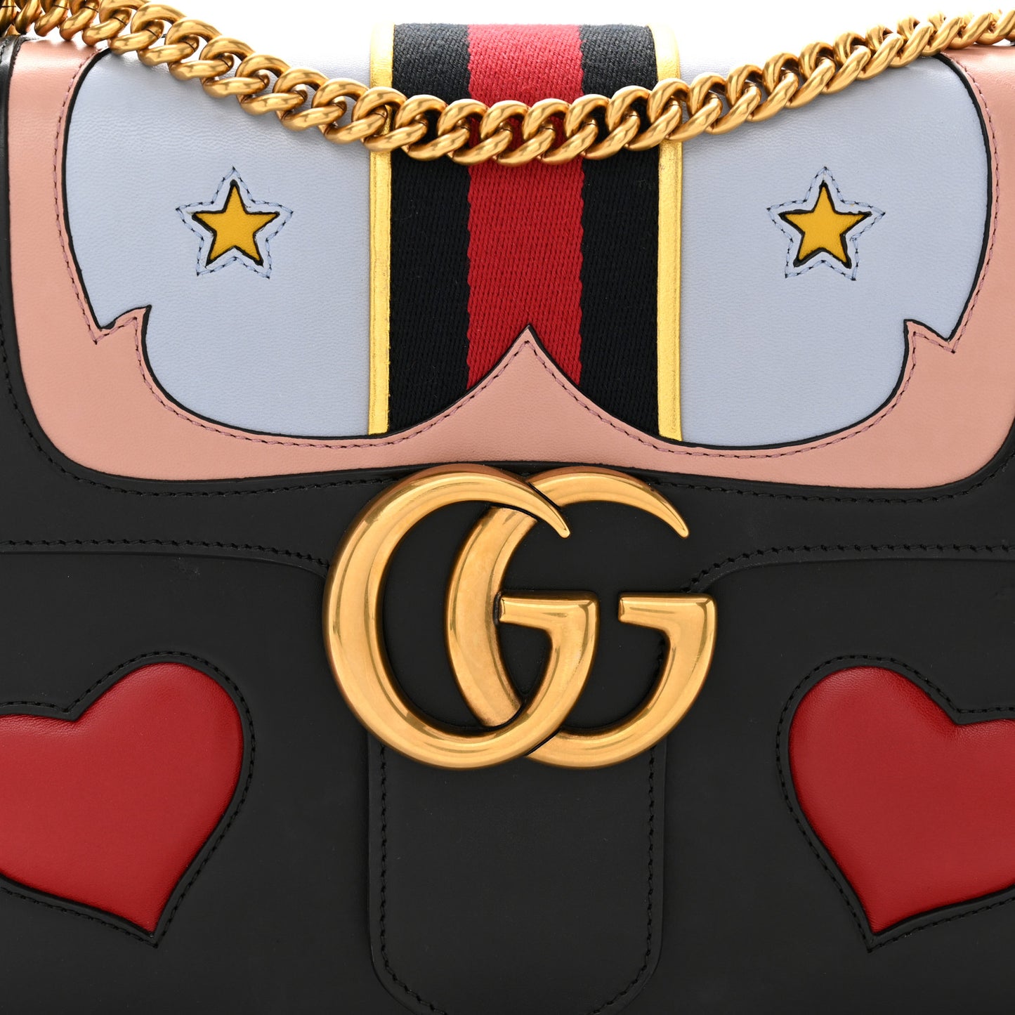 Calfskin Web Heart Medium GG Marmont Chain Handle Bag Black