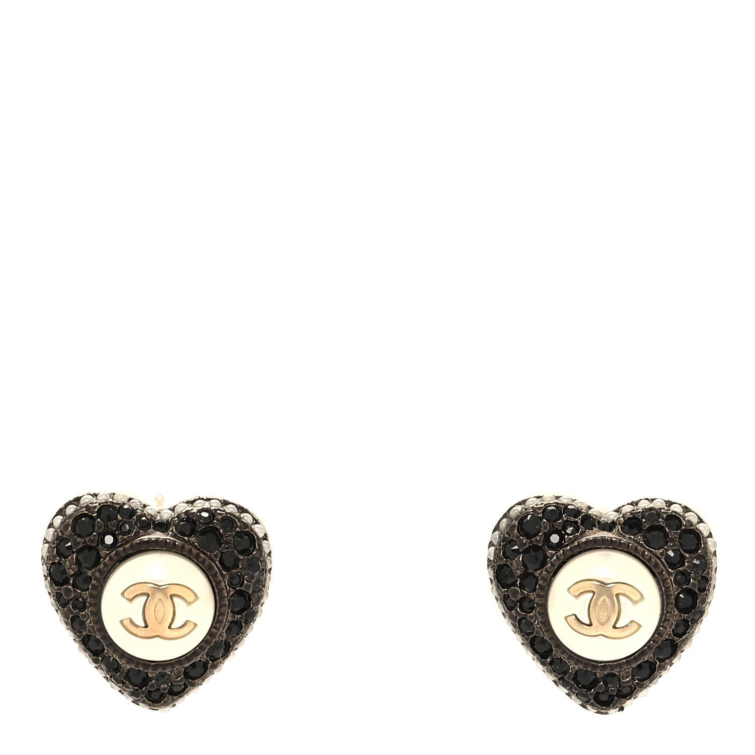 Chanel Pearl Crystal CC Heart Earrings Gold Black 1 of 5