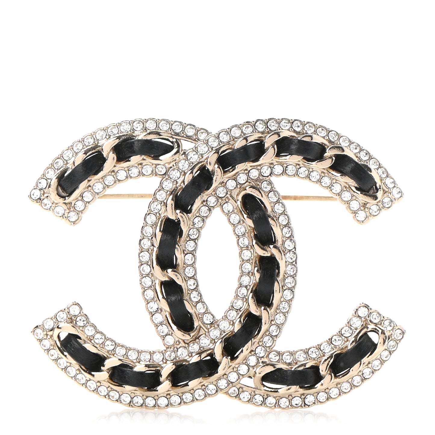 Lambskin Crystal CC Chain Brooch Black Gold