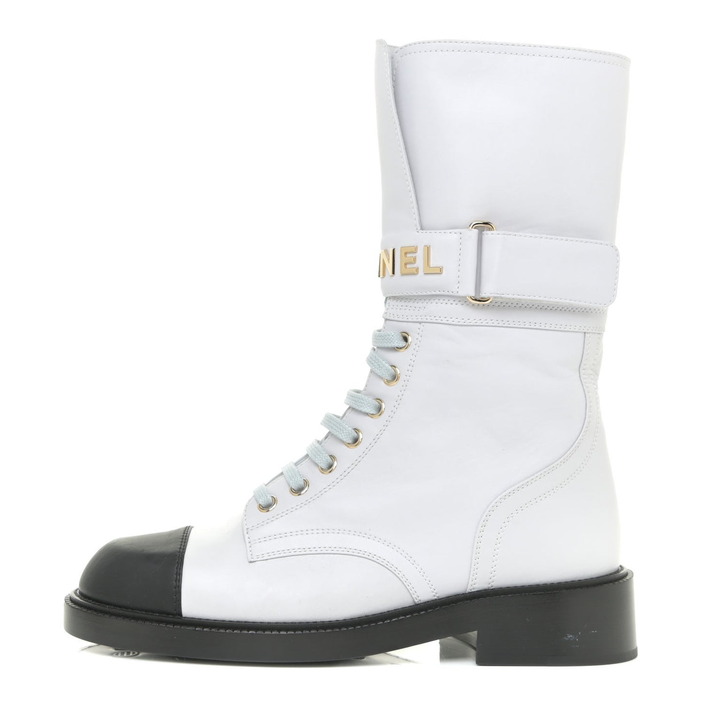 Calfskin Lace Up Logo Mid Calf Combat Boots 37 White Black
