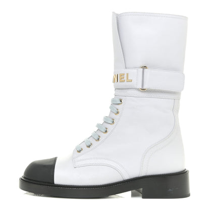Chanel Calfskin Lace Up Logo Mid Calf Combat Boots 37 White Black 1 of 13