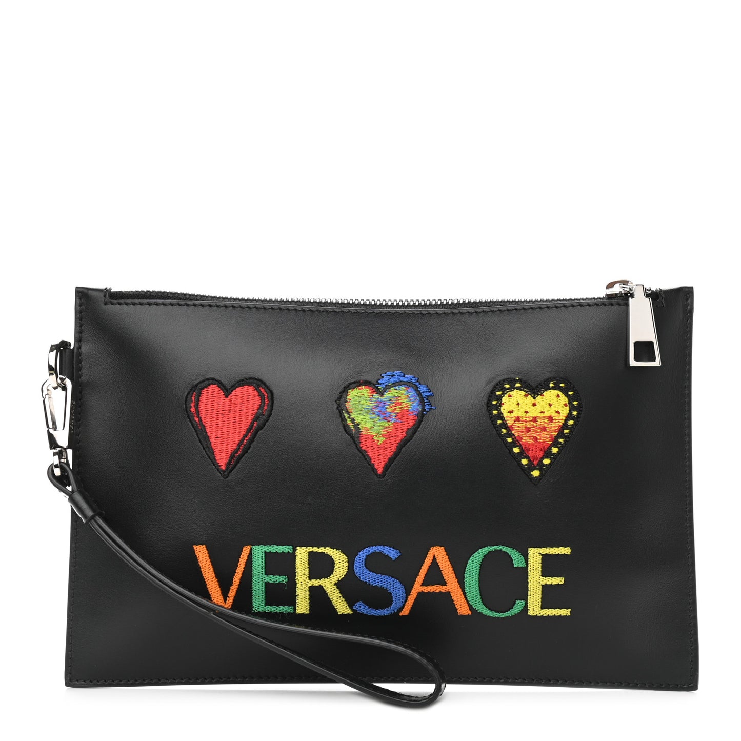 Calfskin Small Embroidered Hearts Logo Clutch