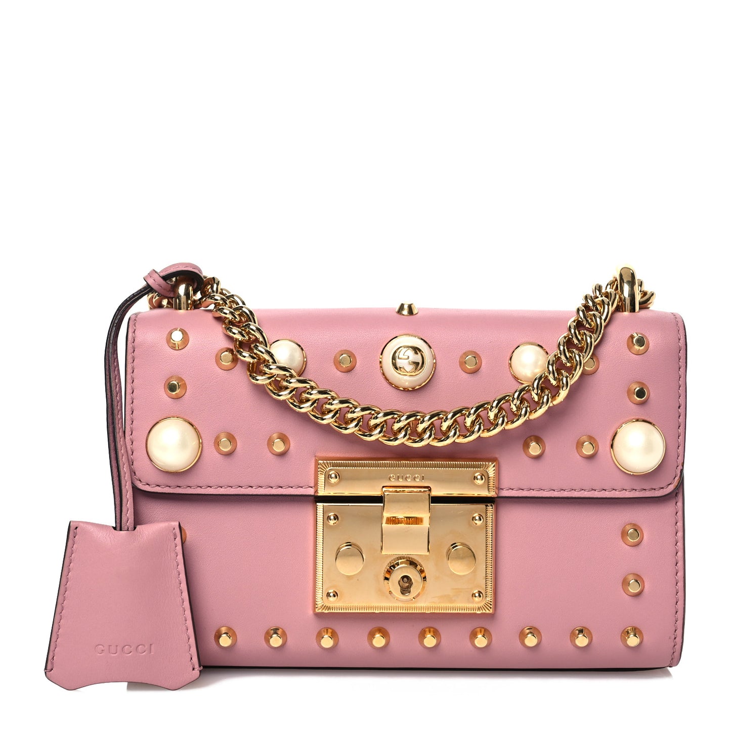 Calfskin Studded Small Padlock Shoulder Bag Carmine Rose